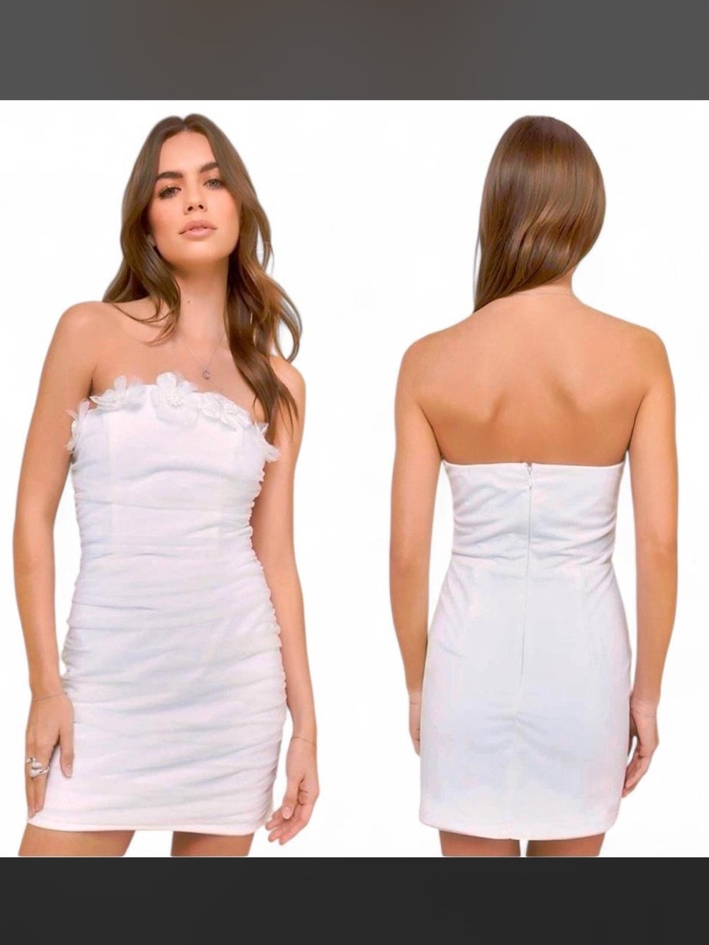 NWT Lulu’s Idyllic Blooms Ivory Mesh Ruched 3D Floral Strapless Mini Dress